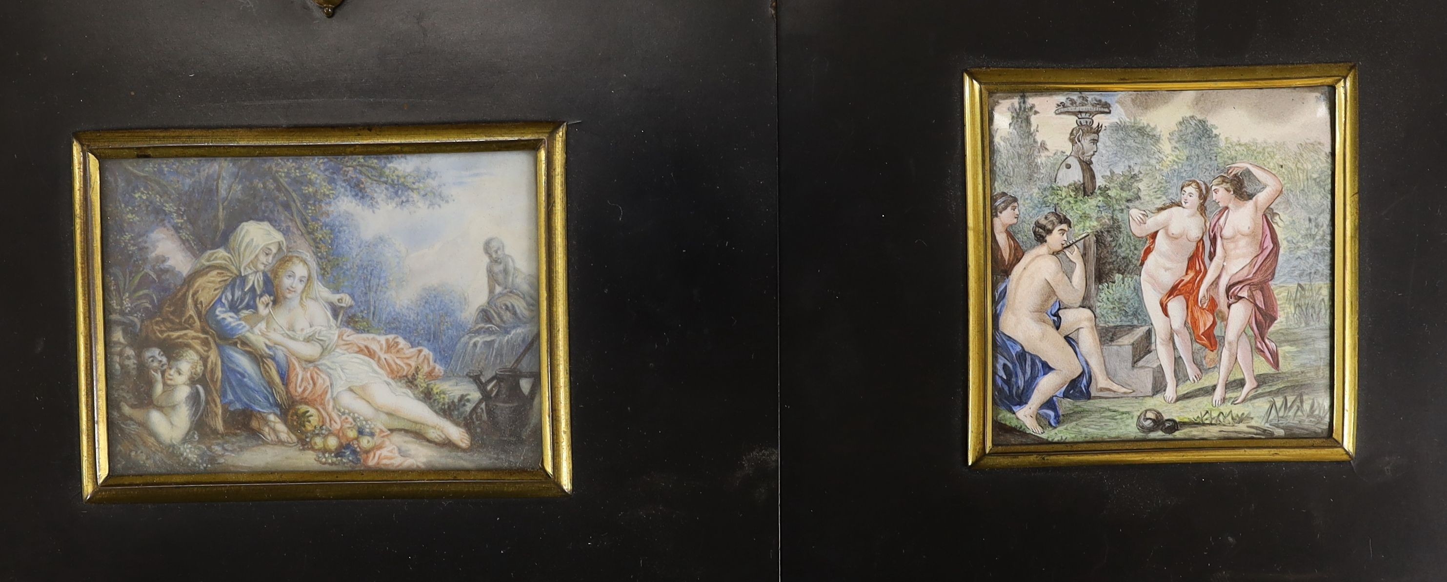 A 19th century Continental School watercolour on ivory, classical scene of figure representing Plenty, 5.5 x 7.5cm, a Continental enamel plaque decorated with classical figures and a pair of early 19th century silhouette